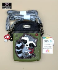 RACCOON WITH CHERRY MUSHROOM CELLPHONE CROSSBODY PURSE GREEN CHALA