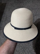 Spring Summer Wide Brim 100% Paper Sun Hat Black Ribbon Accents Brown EUC!