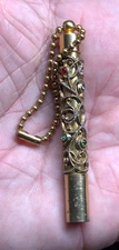 Vtg antique Gold FILIGREE Jeweled metal KEY CHAIN Sewing Kit ORNATE Cylinder