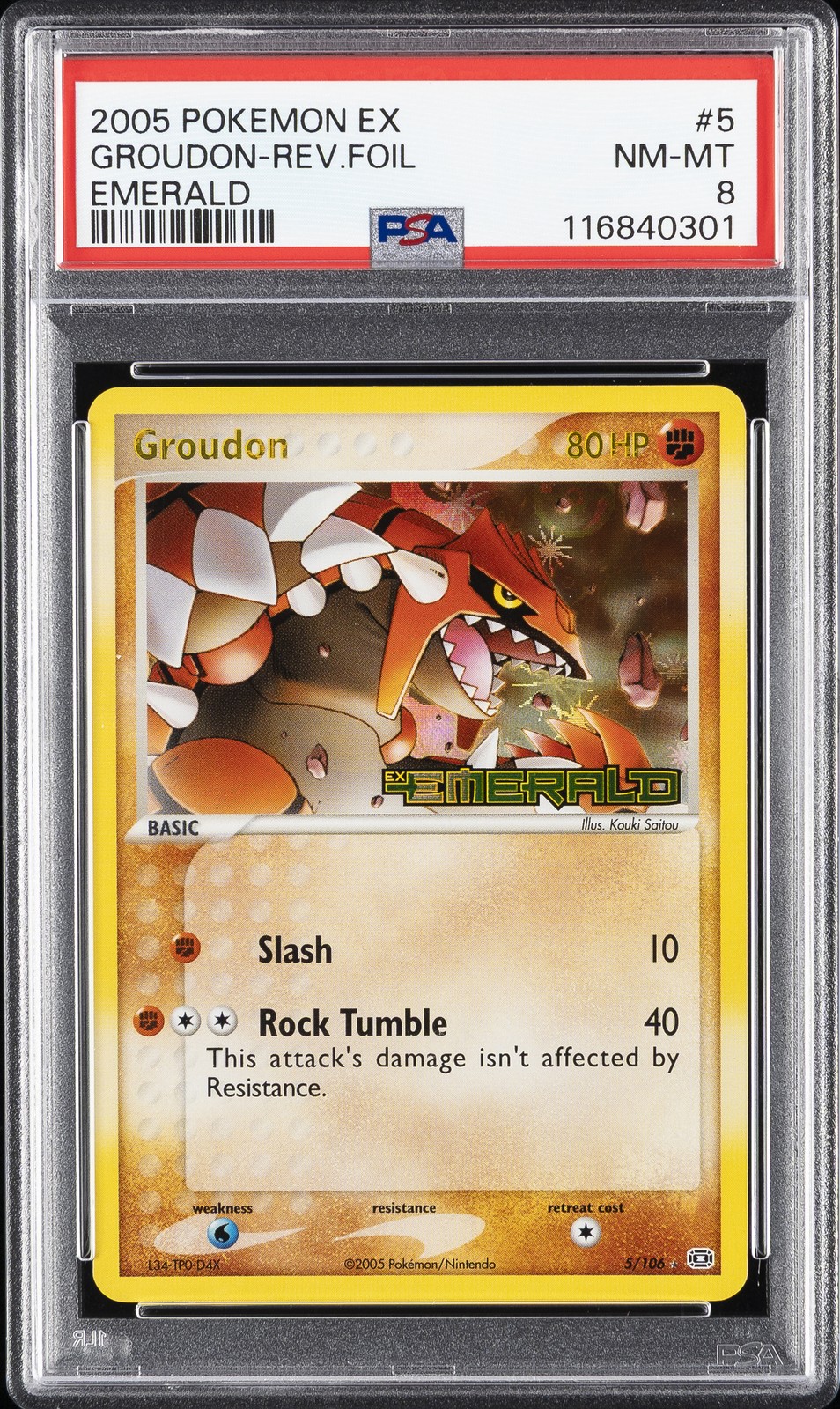 2005 POKEMON EX EMERALD #5 GROUDON-REVERSE FOIL PSA 8