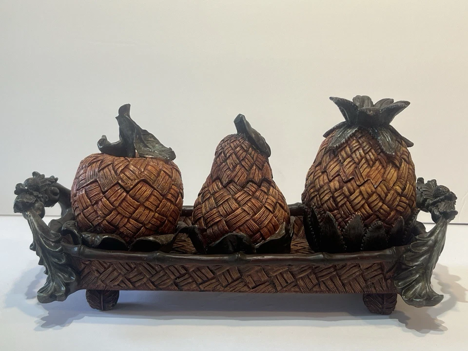 Juego de 4 baratijas de frutas de resina almacenamiento piña, pera, manzana con soporte ornamentado Foto 3 de 4