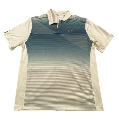 Nike Tiger Woods Collection Mens Large Blue White Striped Dri-FIT Golf Polo
