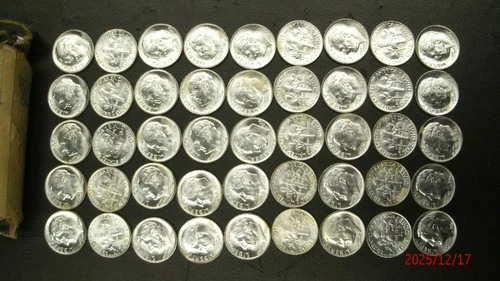 1964 P or D Uncirculated Roosevelt Silver Dime Roll [50 UNC. Dimes]