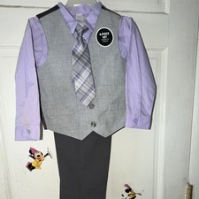George Boys 4-Piece Gray  Purple Suit Set Size 7 Vest Shirt Plaid Tie Pants