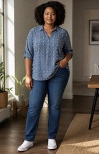 Women's Large Swiss Dot Blue Mini Shirt Dress Roll Tab Collared Lagenlook Boho