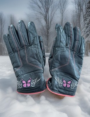 Pink Butterfly Women's Black Leather Gloves SM  Motorcycle Excellent  Condition