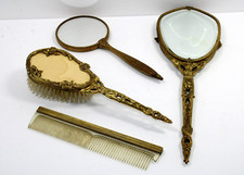 Antique Vanity Set 2 Mirror, Brush  Comb Set, Enamel Baroque Ornate Gold tone