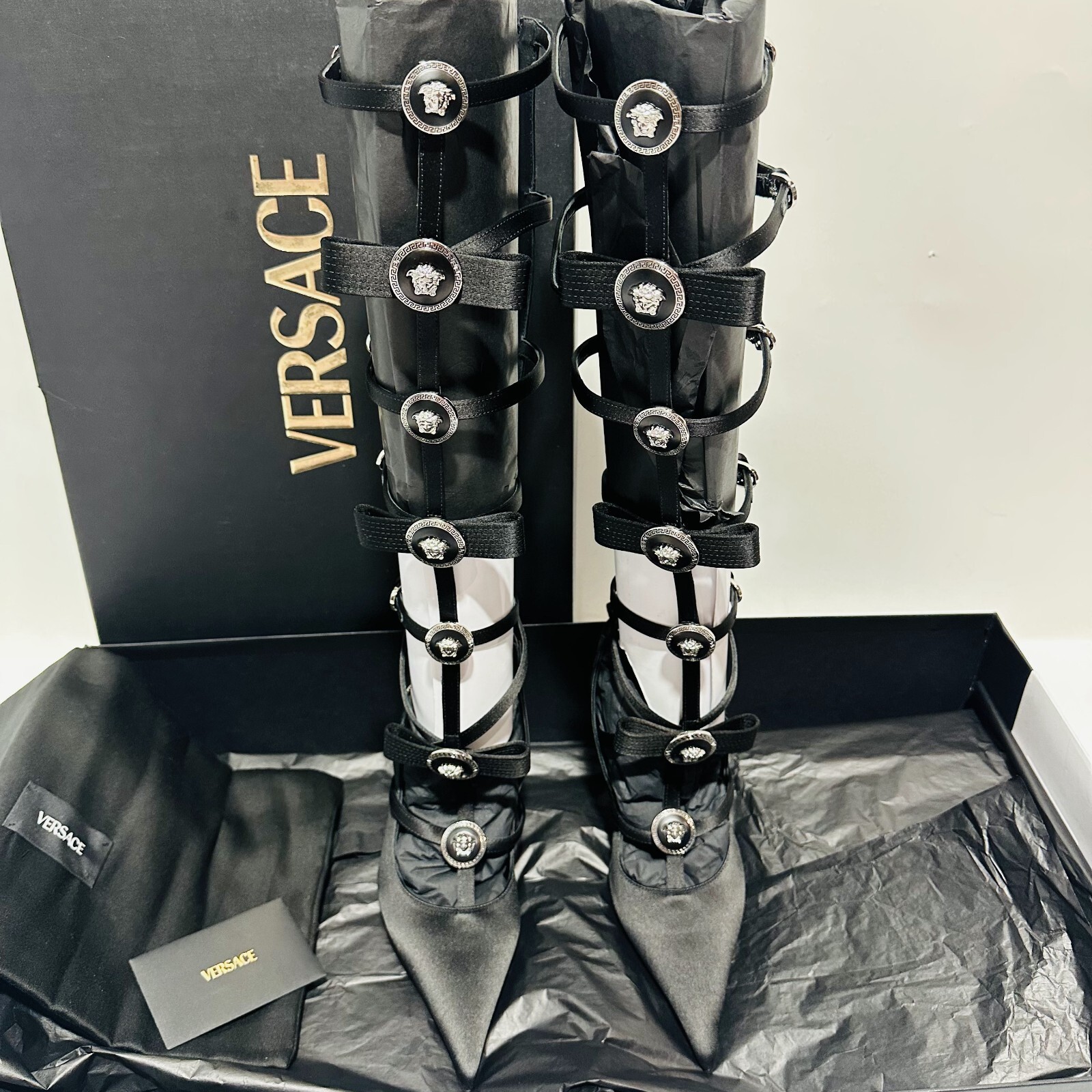 Versace Gianni Ribbon 39 US 9 Black Satin Knee High Cage Pumps Runway NIB $2,225 image 5