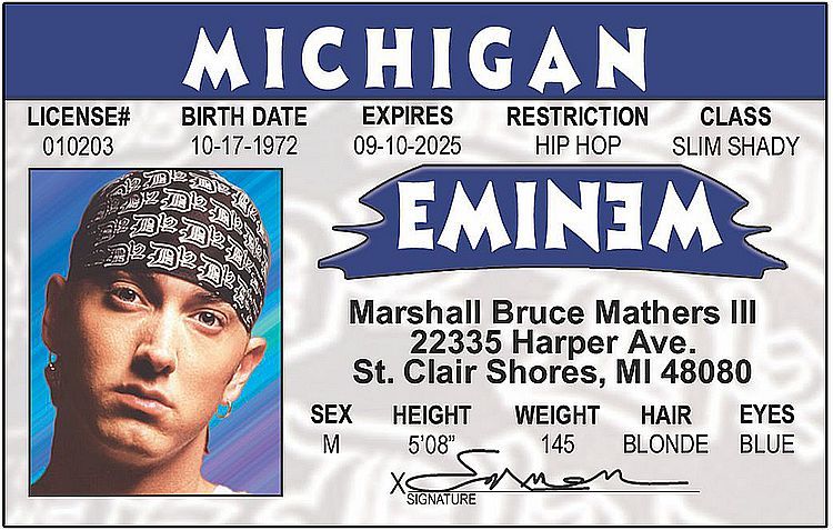 Eminem Marshall Mathers RAPPER of 8 Mile Identification ID card