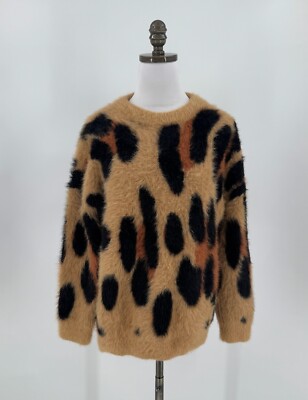 Simon Miller Womens Brown Animal Print Dozy Fuzzy Knit Pullover Sweater Sz XS
