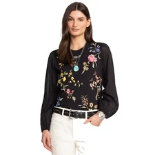 Johnny Was Sophie Mixed Media Tee Cotton Floral Embroidered Shirt Black Top NEW