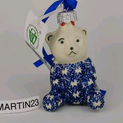 Boleslawiec Wiza Polish Pottery Teddy Bear Ornament Missing Eyebrow Handmade