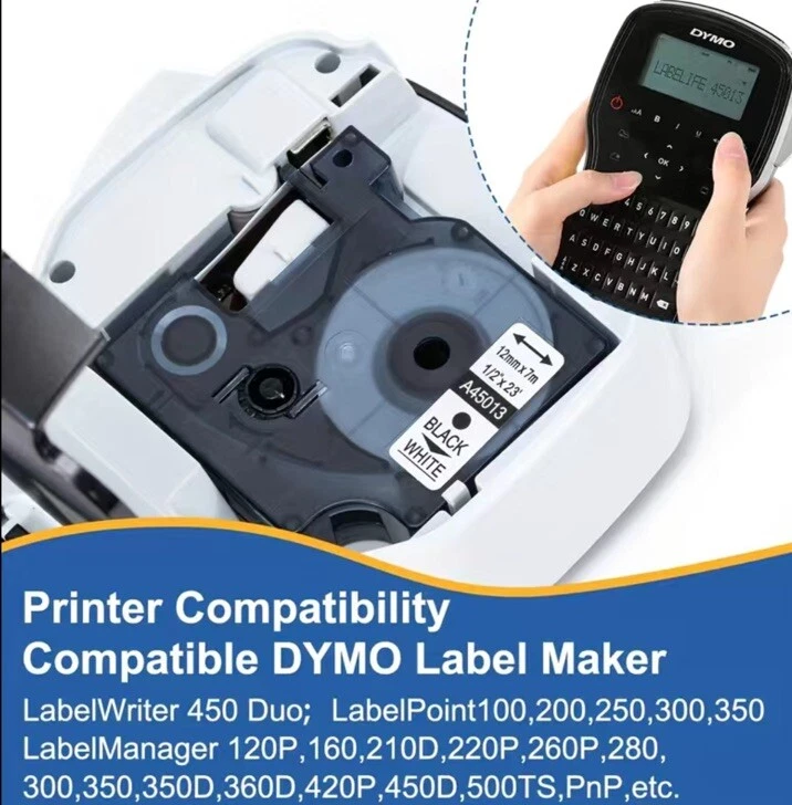 10PK para Dymo D1 negro sobre blanco S0720530 cinta de etiquetas casete 45013 1/2" 12 mm 160 Foto 3 de 4