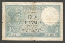 France 10 Francs 19.10.1939; G+; P-84; BNB-B953f; Minerva;  Caissier General 