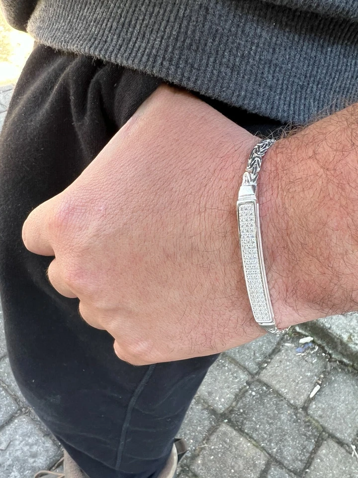 Men's Byzantine Presidential ID Bracelet Real 925 Silver Iced CZ Hip Hop - Image 4 of 4