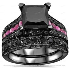 3Ct Princess Cut Lab-Created Black Diamond Bridal Ring Set 14K Black Gold Over