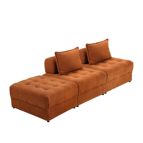 Oikiture 3 Seater Velvet Modular Sofa & Ottoman Set Armless TOFU Back Brown - Picture 8 of 10