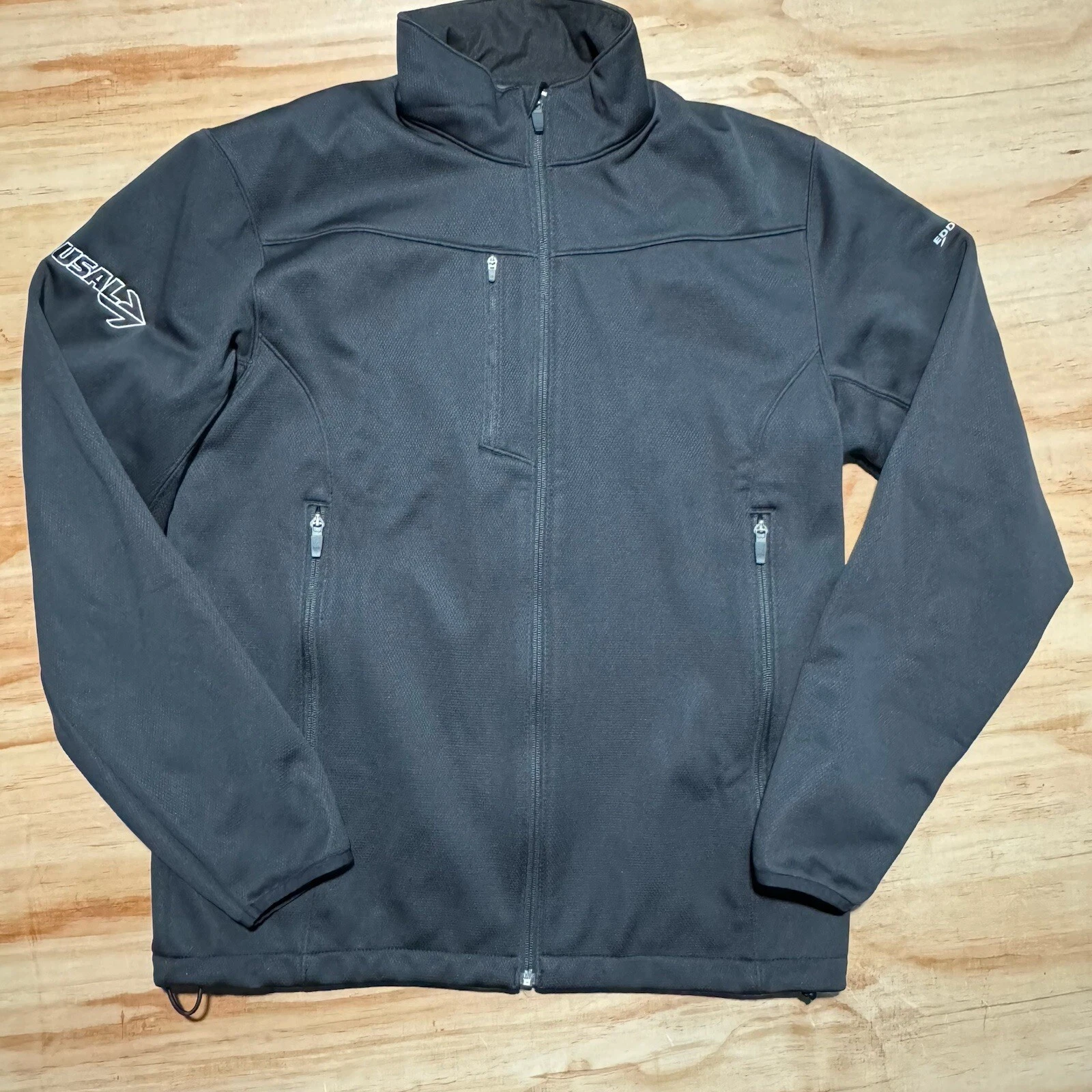 EDDIE BAUER Mens Medium Mock Neck Soft Shell Outdoors Hiking Jacket Truck Logo