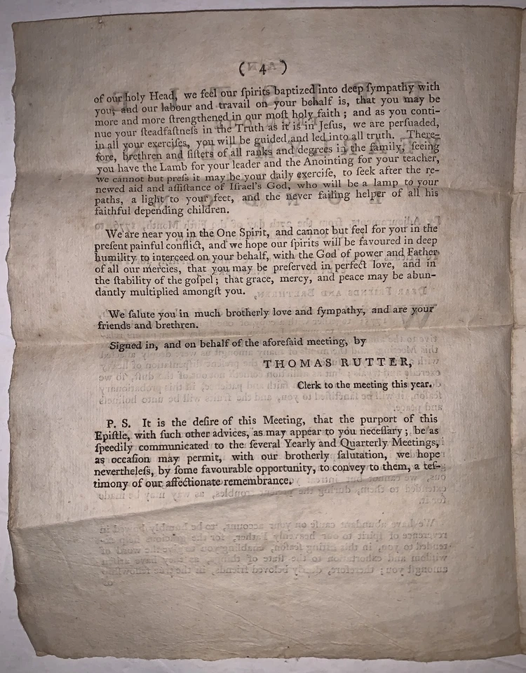 1776, QUAKER EPISTLE, YEARLY MEETING, LONDON, PENNSYLVANIA & NJ, THOMAS RUTTER - Image 3 of 4