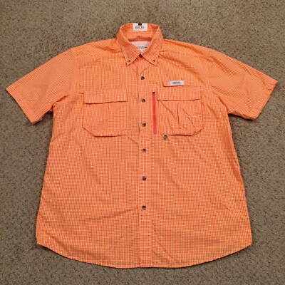 Gander Mountain Shirt Mens Medium Orange Plaid Short Sleeve Button Up Pockets