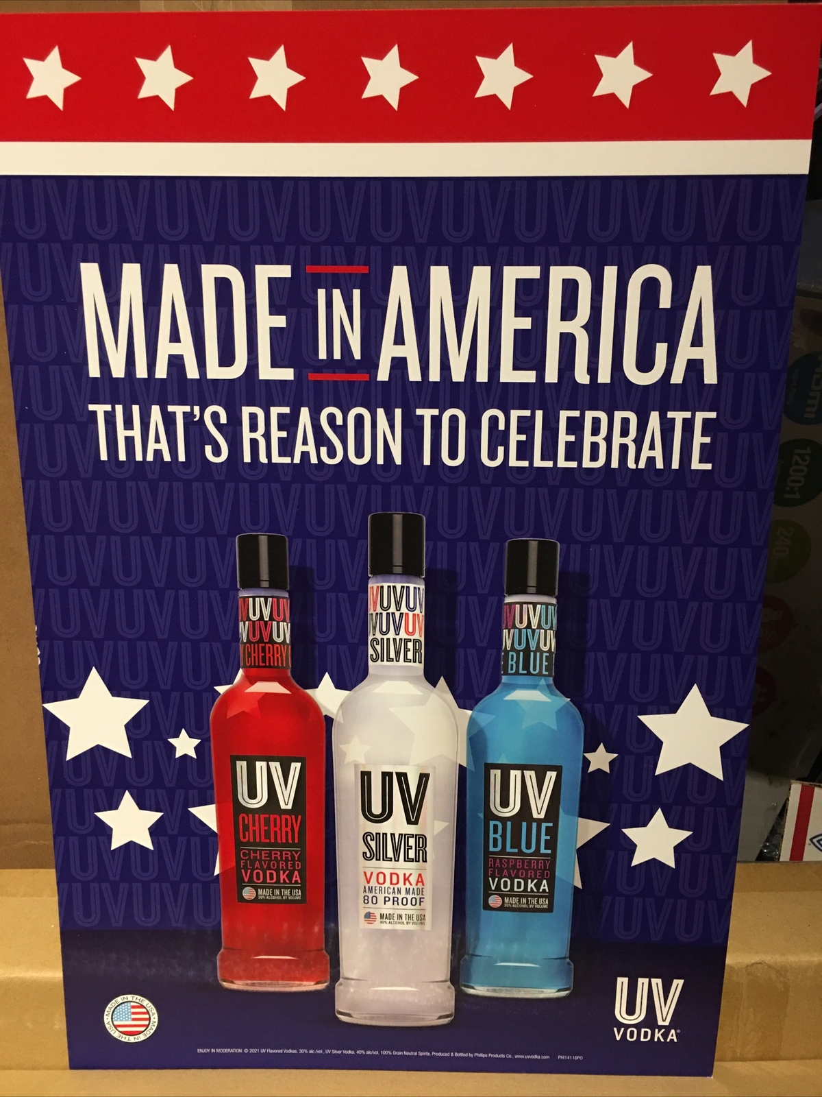 UV vodka “Made in America posterboard sign. 12 by 18 inch