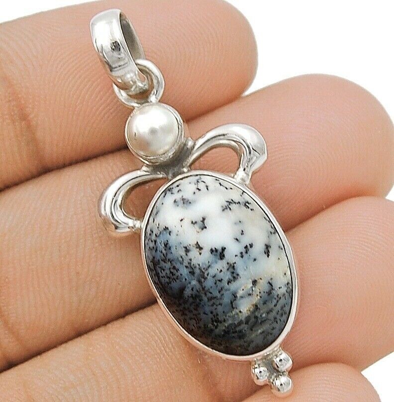Natural Winter Dendrite Opal & Pearl 925 Solid Sterling Silver Pendant,