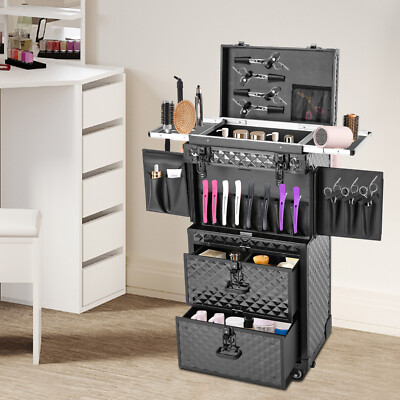 Lockable 4-Layer Rolling Makeup Case Trolley With Wheels Black Check Pattern