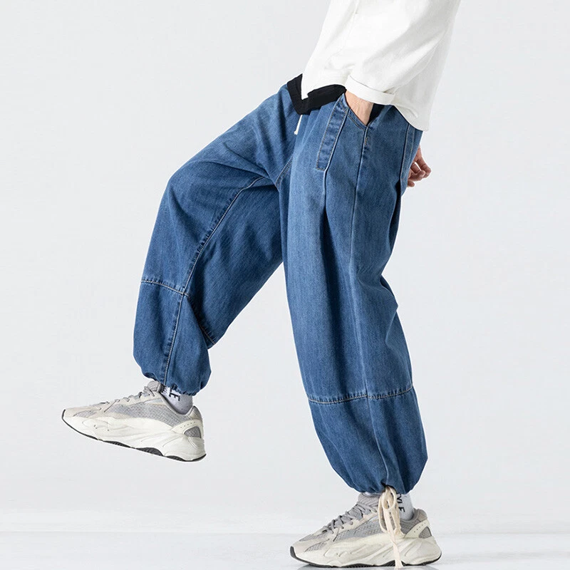 Men Denim Loose Baggy Long Pants Elastic Waist Drawstring