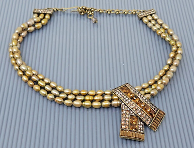 Vintage Heidi Daus Brown Rhinestone Freshwater Pearl Statement Necklace 17''