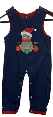 Lil Cactus Boy Overalls Size 2T Christmas Joy Snowman Blue Red Holiday (flaw)