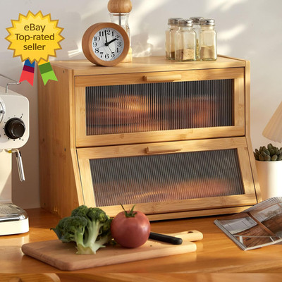 Double Layer Bamboo Bread Box for Kitchen Counter,Large Capacity Bread Storage