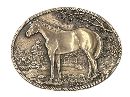 Vintage 1970's Award Design Medals Horse Artwork Solid Brass Belt Buckle ADM