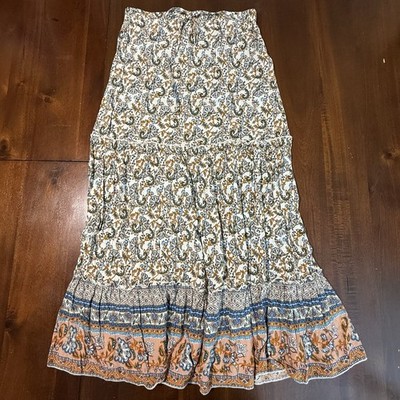 Womens Boho Tiered Maxi Skirt S Floral Border Cottagecore Peasant Summer