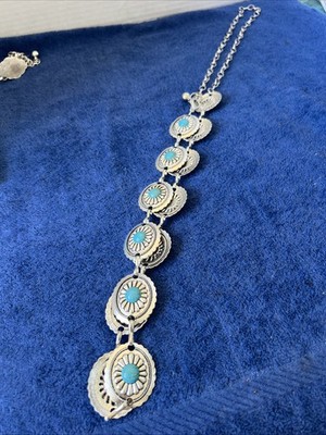 Long Western Concho and Faux Turquoise Necklace/Belt Silver Tone Adjustable 42 