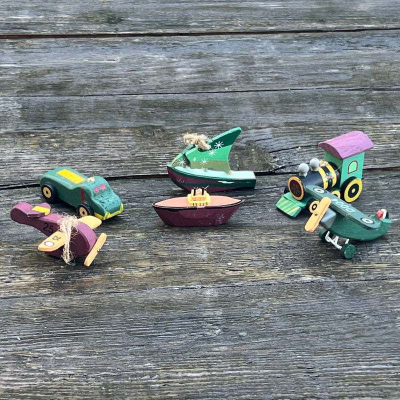Vintage Lot of 6 Wooden Christmas Ornaments Airplane Helicopter Boat Ship Train