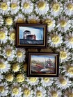 Vintage Framed Miniature Barn Landscape Oil Paintings Set of Two