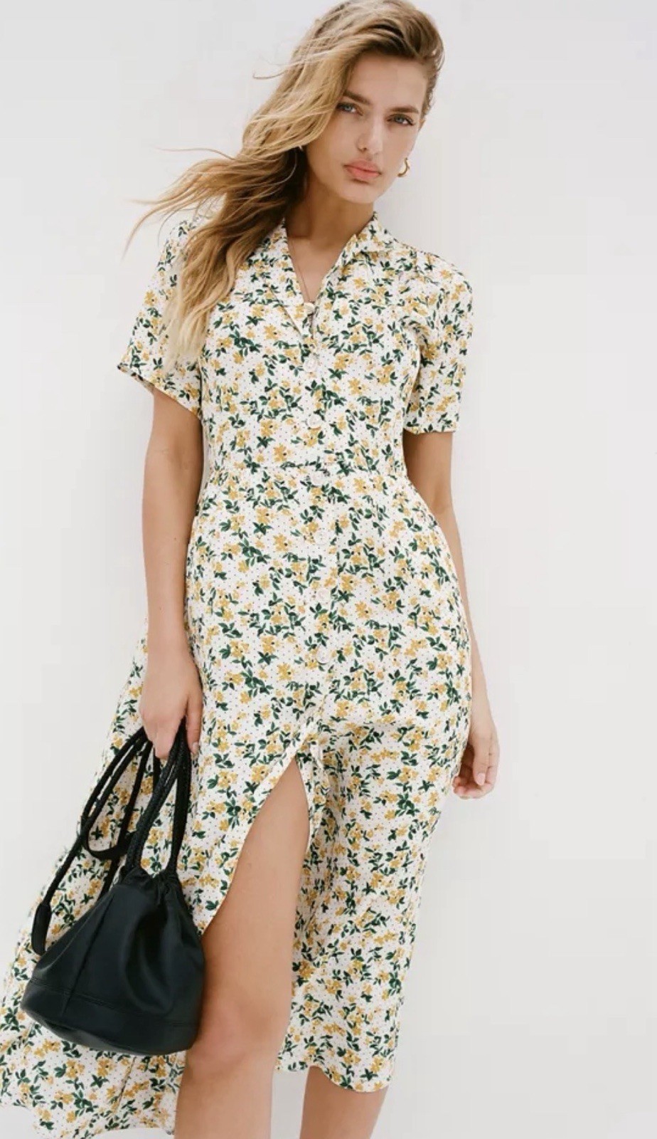Urban Outfitters UO Green Yellow Floral Mila Midi Shirt Dress S Cottagecore