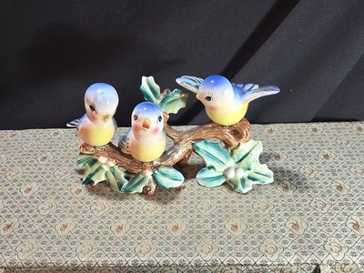 Vintage Norcrest 3 Birds Mama Babies Nest Figurine Blue Bird Lefton Japan 7'' 