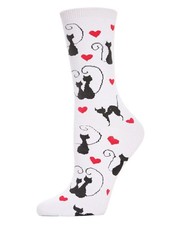 MeMoi Curly Q Love Cats Rayan Blend Crew Socks One Size White