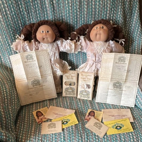 Vintage Cabbage Patch Kids Twins 1985 Brown Yarn Hair Birth Certificates