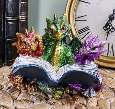 Ebros Metallic Three Bookworms Baby Dragons Reading Wyrmlings Figurine 3.25''H
