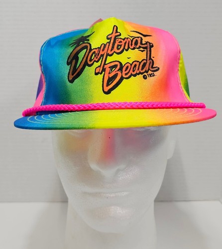 Vtg Daytona Beach Zip Back Hat Cap Multicolor Rainbow Tie Dye Nissin NOS - Picture 2 of 14