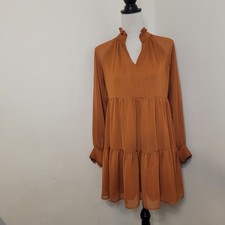1 State Orange Long Sleeve Mini Dress XS Sheer Sleeves Tiered Boho