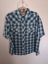 Wrangler Shirt Mens XXl Blue Tan Plaid Pearl Snap SS Classic Fit Wash N Wear