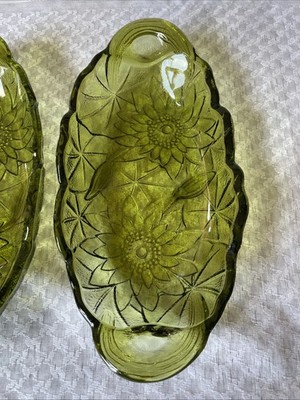 Vtg 2 Lily Pons Green Indiana Glass Candy/Relish Oval Dishes Banana Splits Party