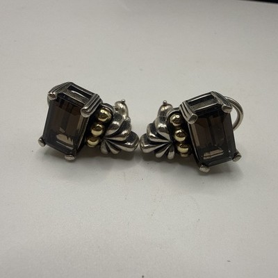 Lagos Caviar Smoky Quartz 750k Gold And Sterling 925 Earrings 1984 