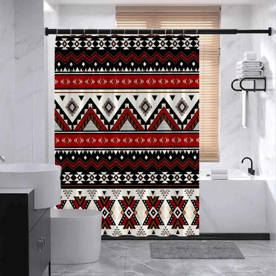 Cortina de Ducha Vintage Suroeste Navajo Geométrica Retro Decoración con Ganchos Foto 2 de 4