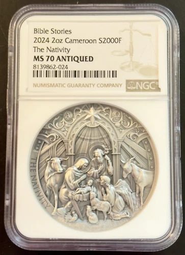 Silver 2oz Bible Stories Cameroon Antiqued NGC S2000F The Nativity