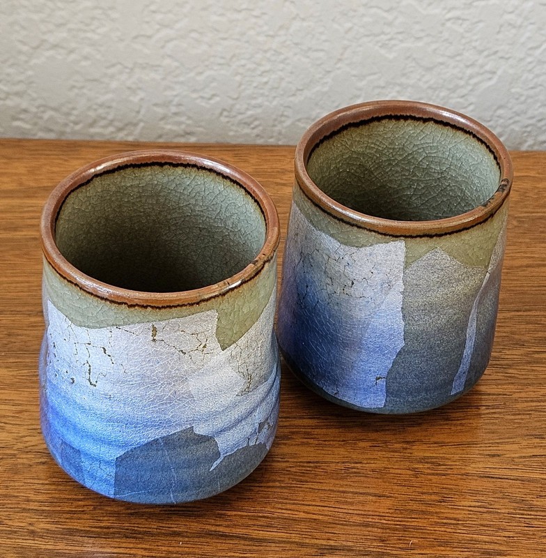 SET 2  Signed Japanese Studi Pottery Tea Tumblers – Crackle Glaze – Blue & Sage 