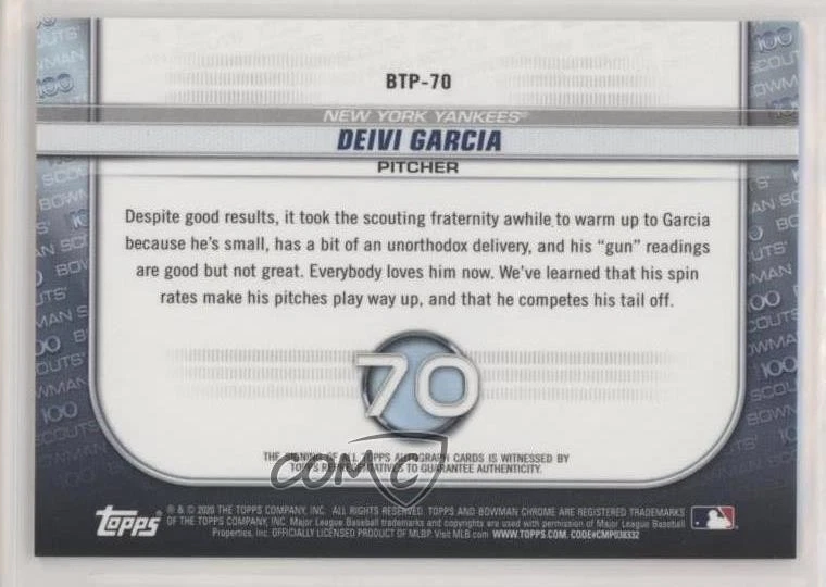 2020 Bowman Bowman Scouts Top 100 Chrome Auto /50 Deivi Garcia #BTP-70 Auto - Image 2 of 2